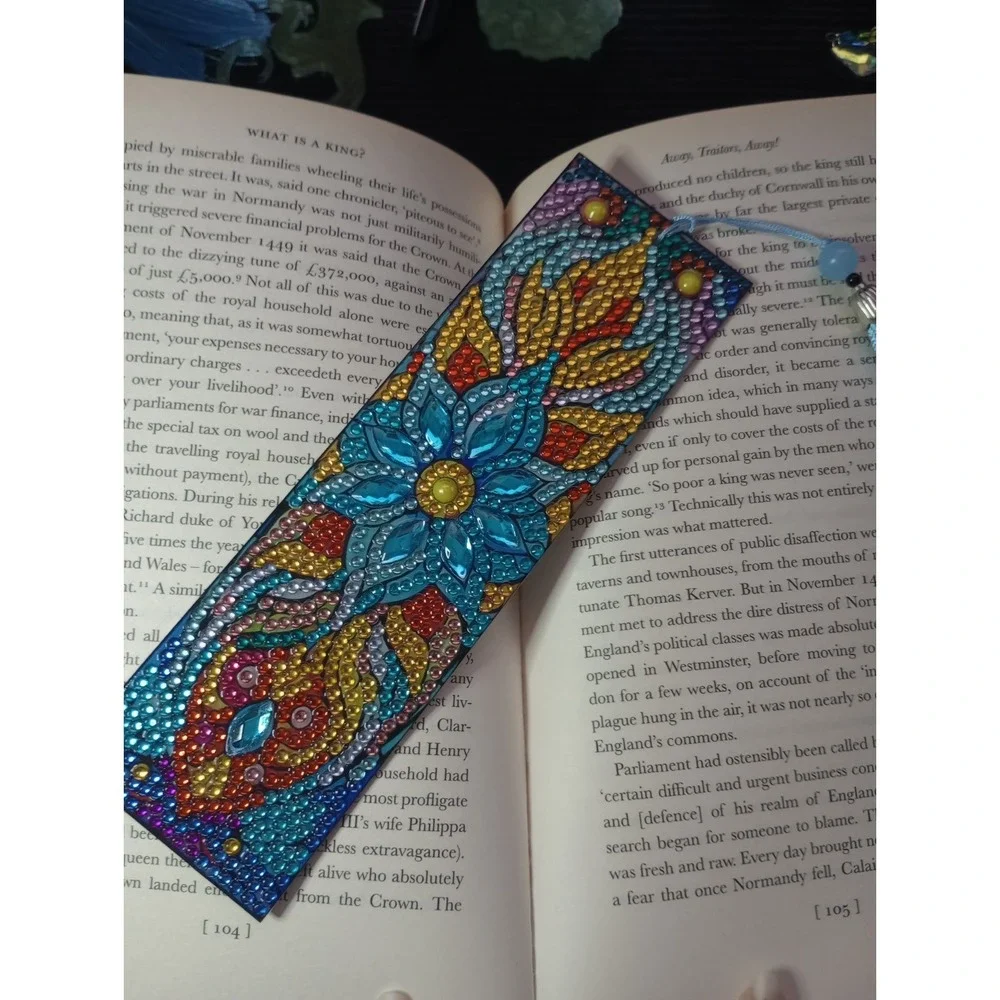 Handmade Diamond Painting Bookmark Blue Tassel Floral Design 7.75